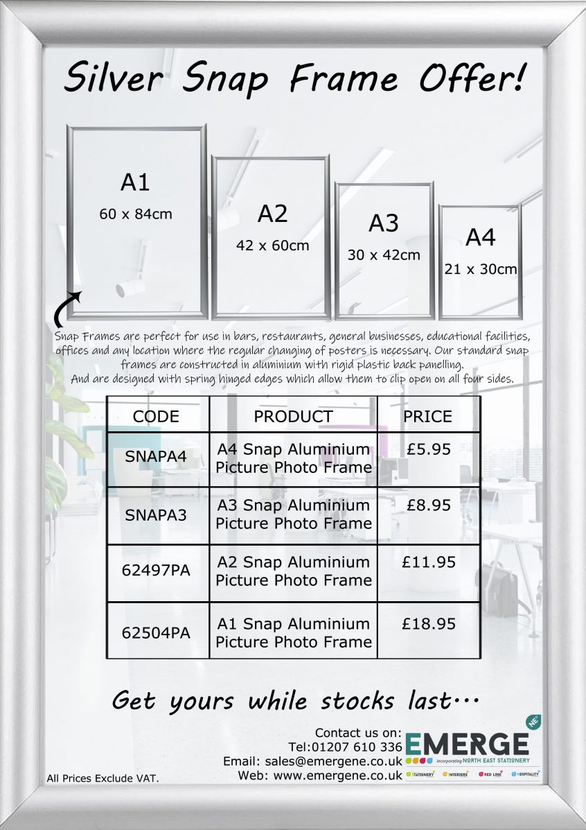 Snap Frame Offer - Sizes Available - A1 £18.95, A2 £11.95, A3 £8.95, A4 £5.95. All Prices Exclude VAT