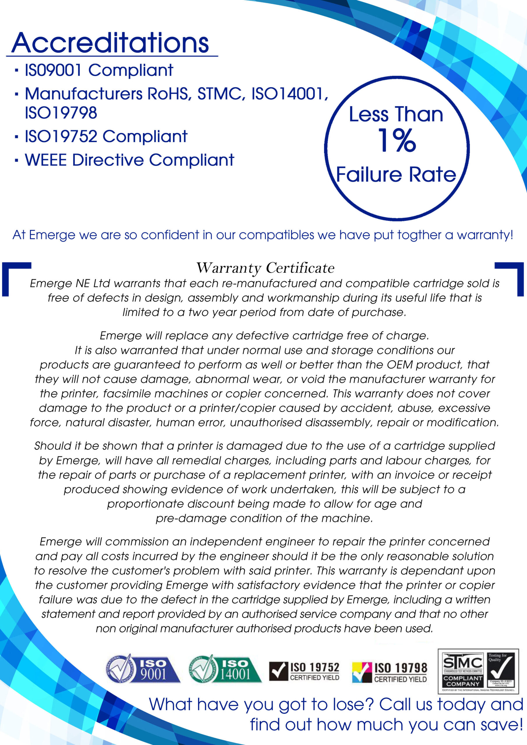 Compatible toners reverse side of flyer - display our warrenty when using compatible toners from Emerge NE